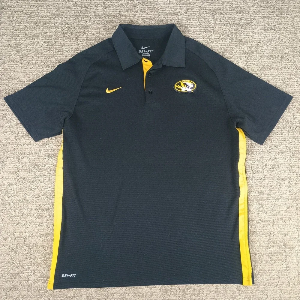 Nike Missouri Tigers Polo Mens Large Black Yellow NCAA Mizzou Dri-Fit 25841X-MO1